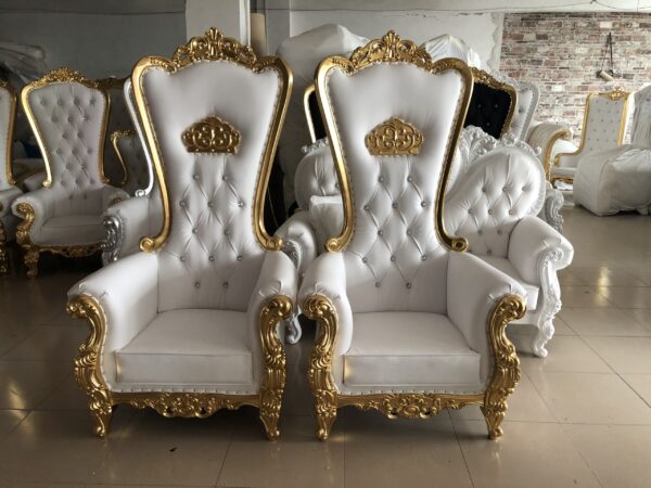 Queen Caroline Crown Throne Chair (White Leather w/ Gold Trim)